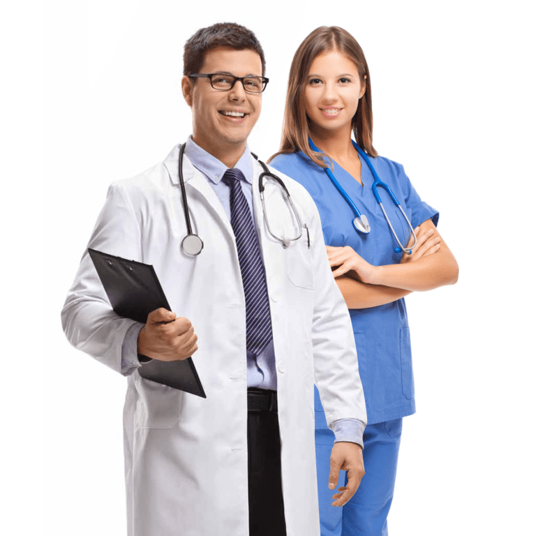 Full length portrait of a doctor and a nurse with a clipboard isolated on white background